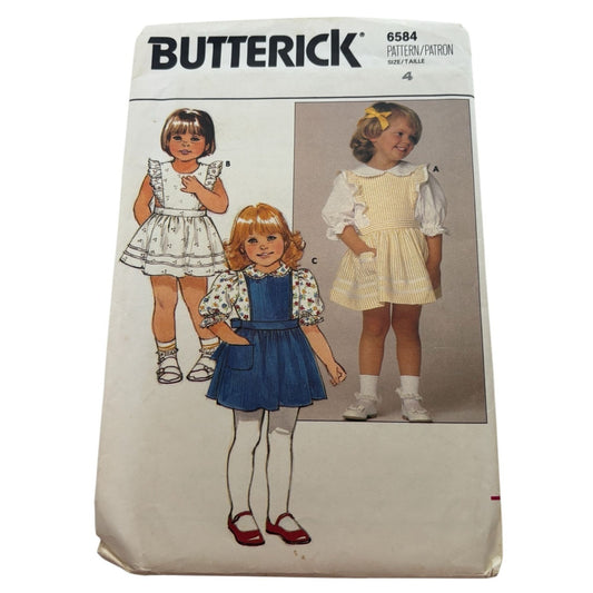 Butterick Sewing Pattern 6584 Toddler Dress Jumper Blouse 4T Vintage Pinafore