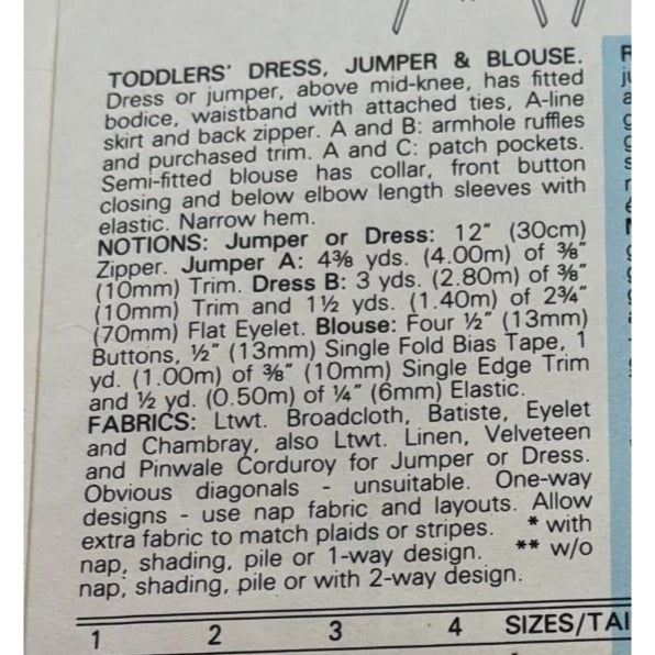 Butterick Sewing Pattern 6584 Toddler Dress Jumper Blouse 4T Vintage Pinafore