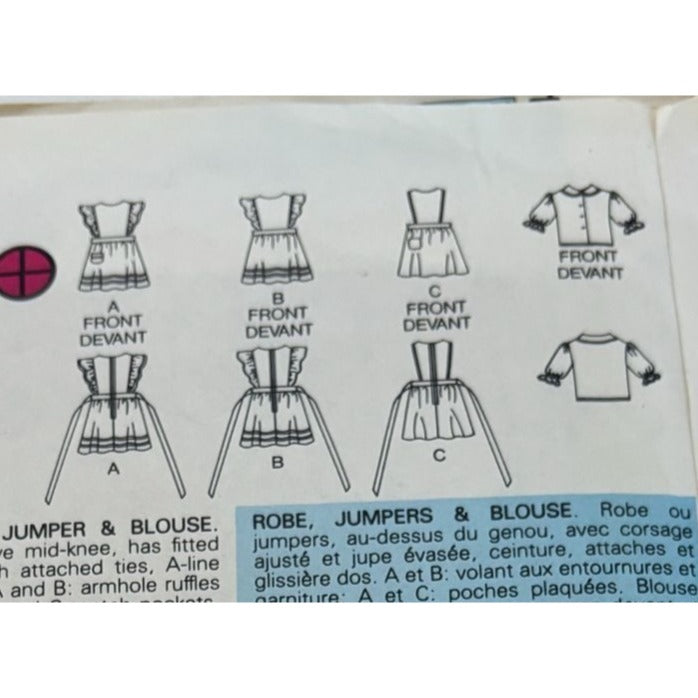 Butterick Sewing Pattern 6584 Toddler Dress Jumper Blouse 4T Vintage Pinafore