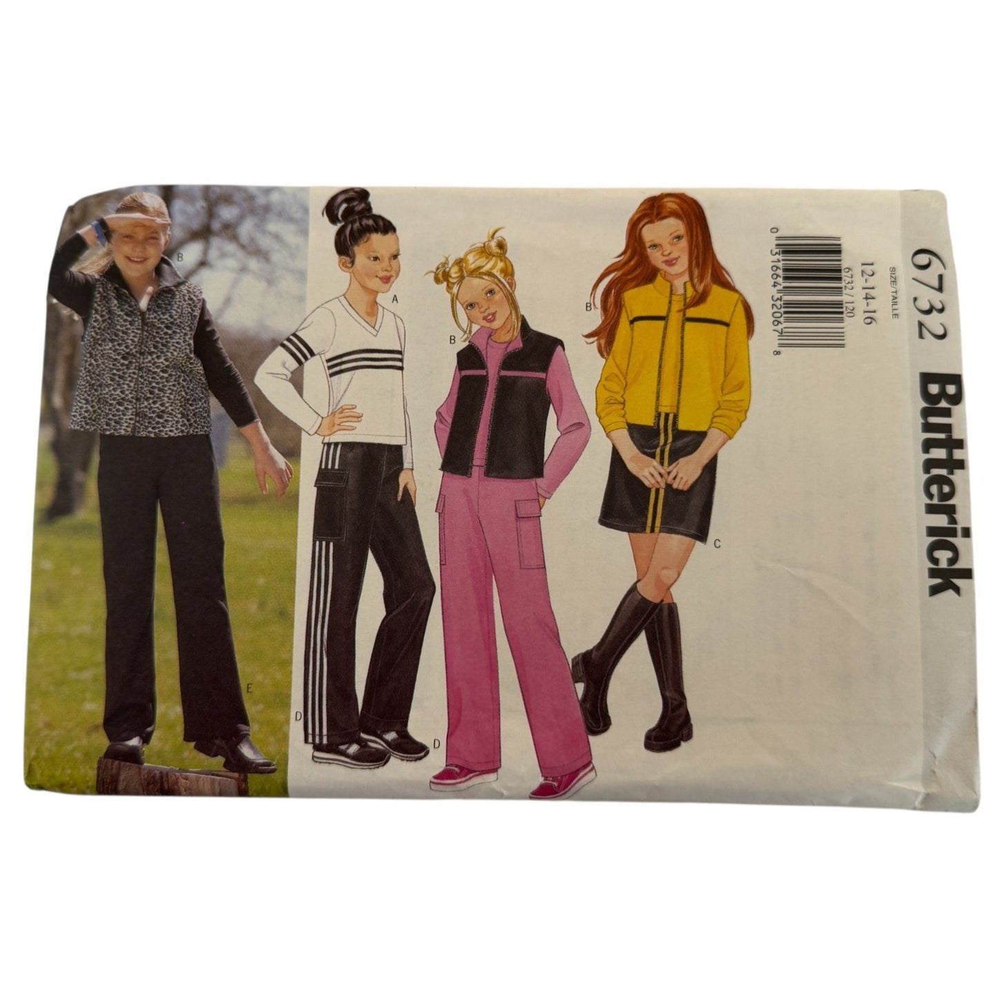 Butterick 6732 Girls Y2K Sewing Pattern Vest Track Pants Top Skirt Outfit Pattern 12-16 Uncut