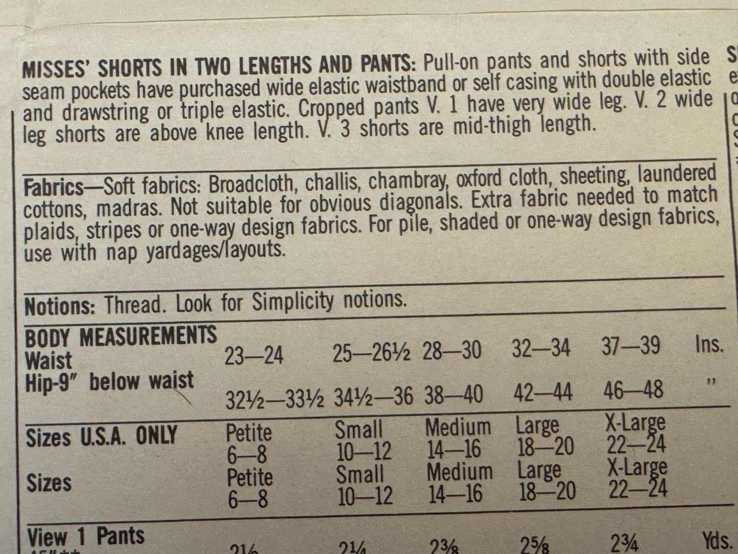 Simplicity Sewing Pattern 9169 Cropped Pants Shorts 1980s Easy To Sew 6- 20 UC