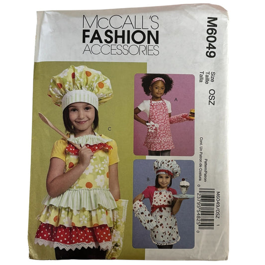McCalls Sewing Pattern M6049 Kids Kitchen Apron Chef Hat Cooking Costume Baker 3-8 Uncut