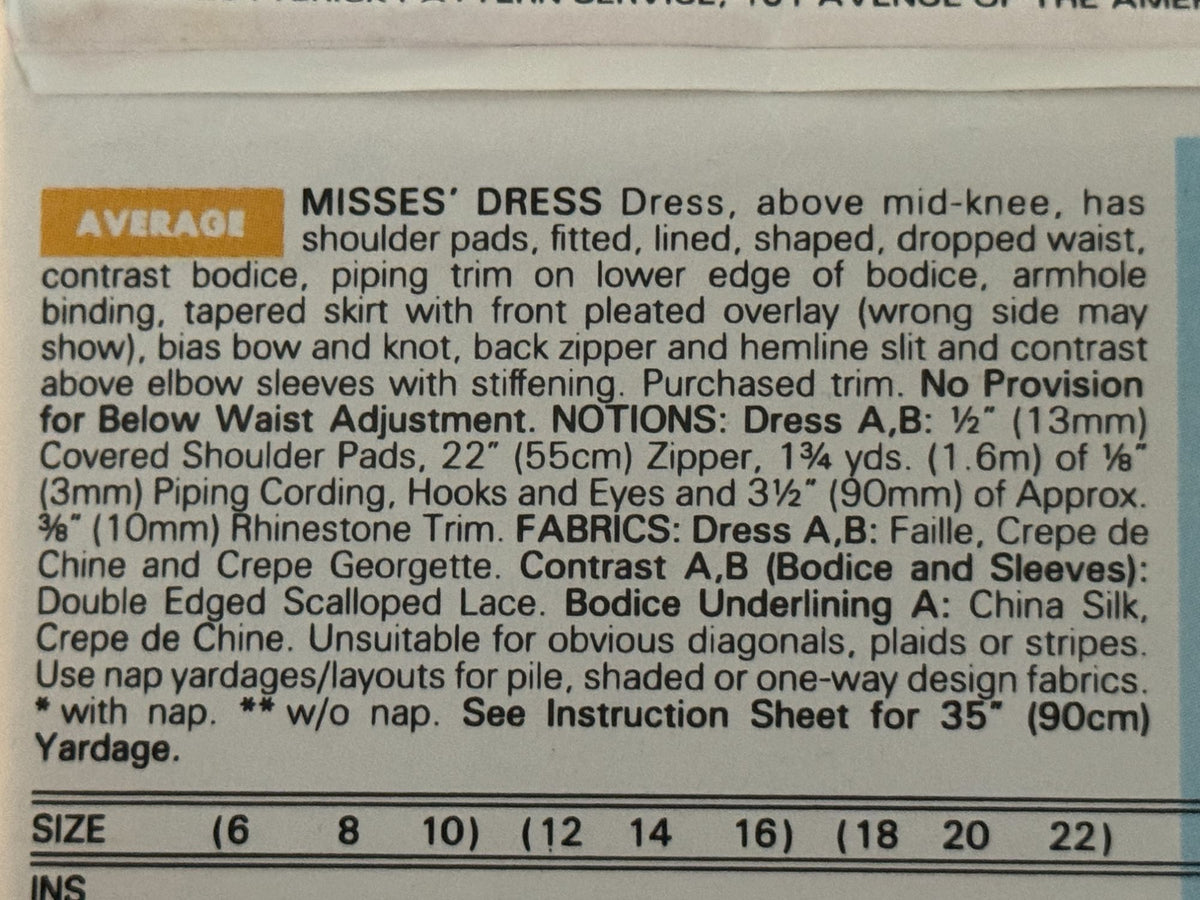 Butterick Sewing Pattern 5697 Evening Dress Formal Knee Length 12 14 16 UC 1990s