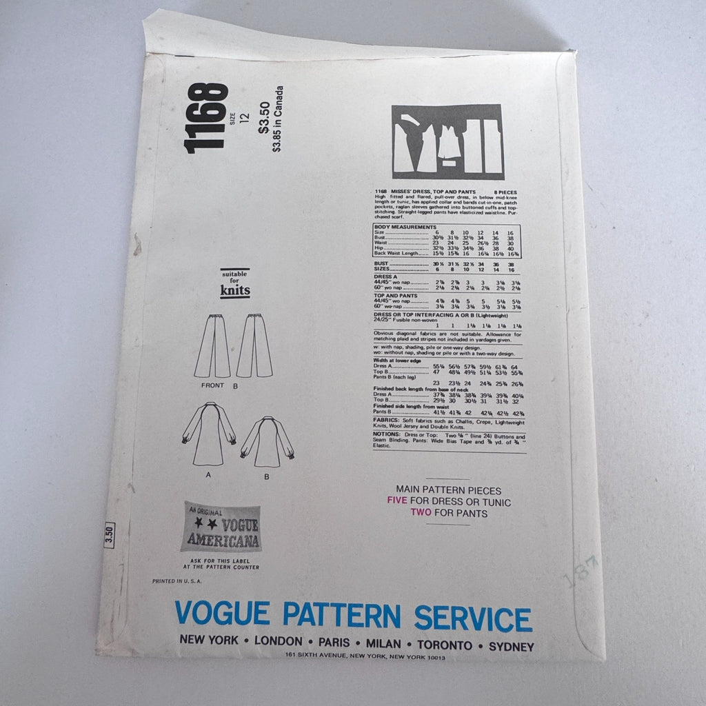 Vogue Sewing Pattern 1168 Stan Herman 1970s Dress Pants Lounge Set 12 Uncut Easy