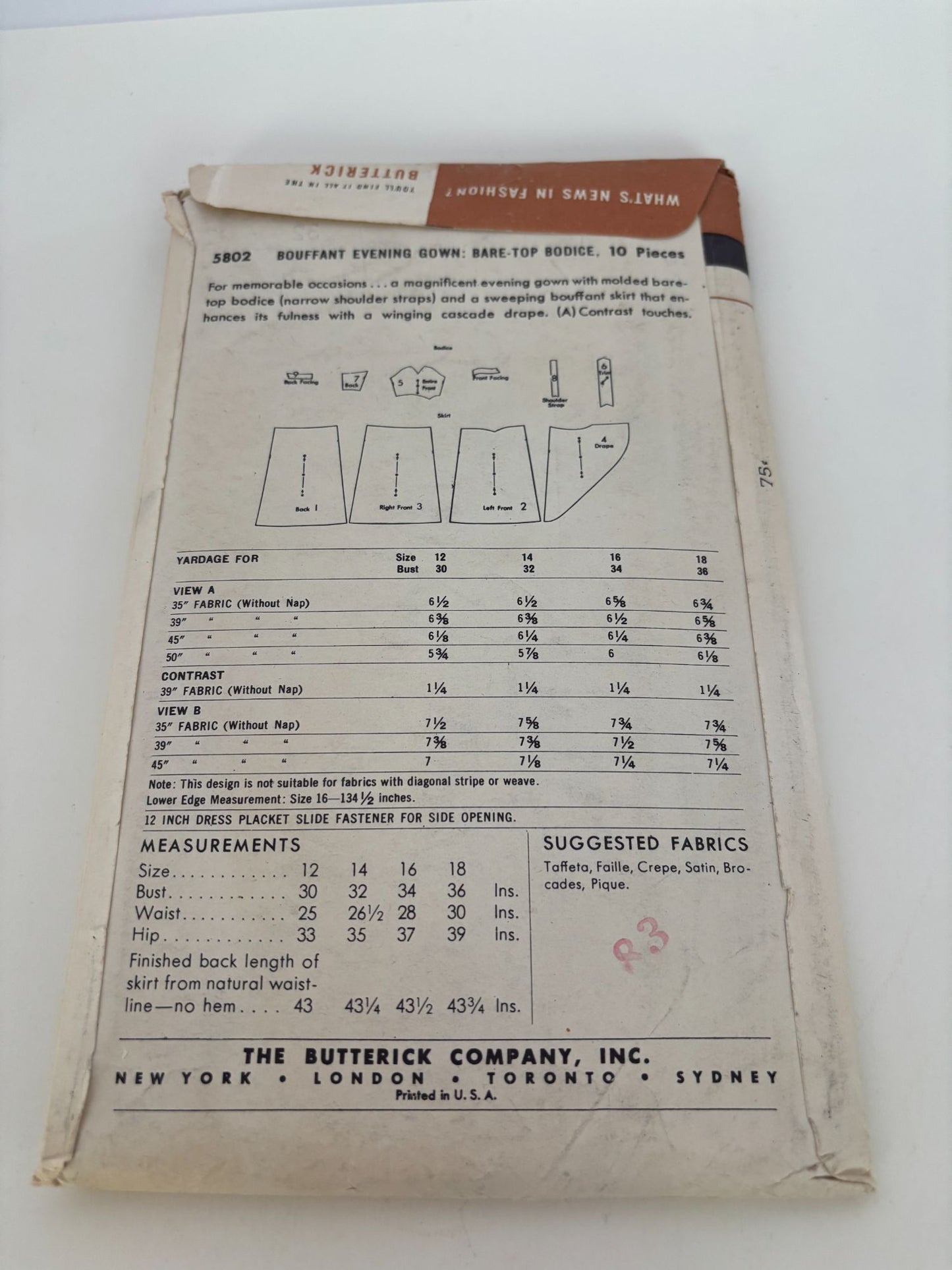 Butterick Sewing Pattern 5802 Bouffant Evening Gown Prom Dress Formal Vintage 14