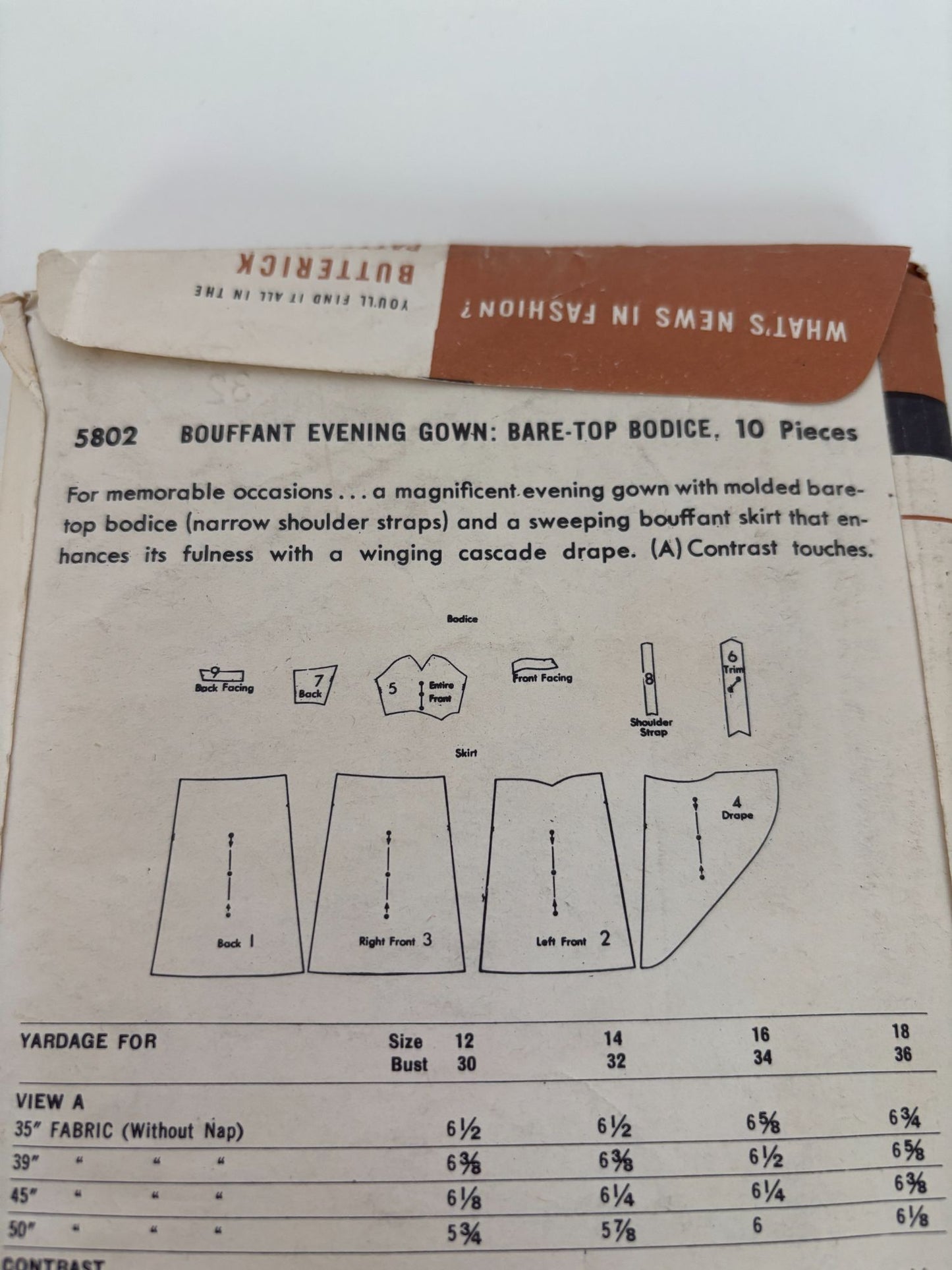 Butterick Sewing Pattern 5802 Bouffant Evening Gown Prom Dress Formal Vintage 14