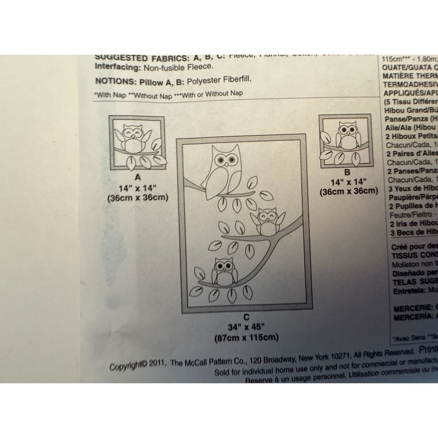 McCalls Sewing Pattern M6482 Owl Pillow and Quilt Nursery Decor Kids Baby Uncut