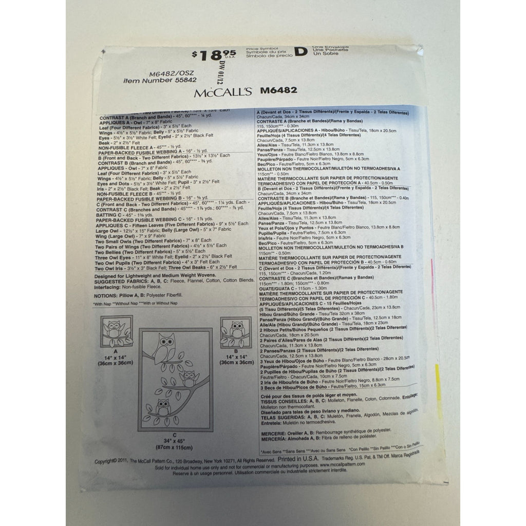 McCalls Sewing Pattern M6482 Owl Pillow and Quilt Nursery Decor Kids Baby Uncut