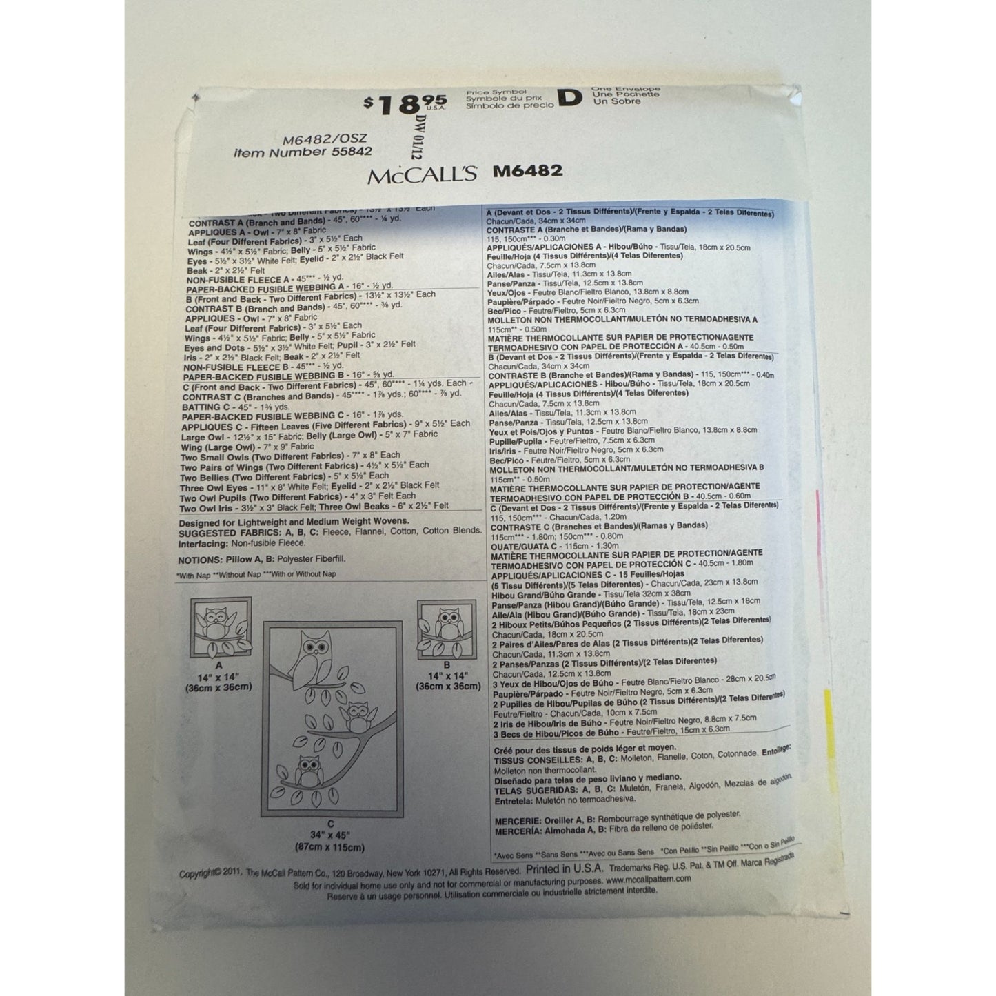 McCalls Sewing Pattern M6482 Owl Pillow and Quilt Nursery Decor Kids Baby Uncut