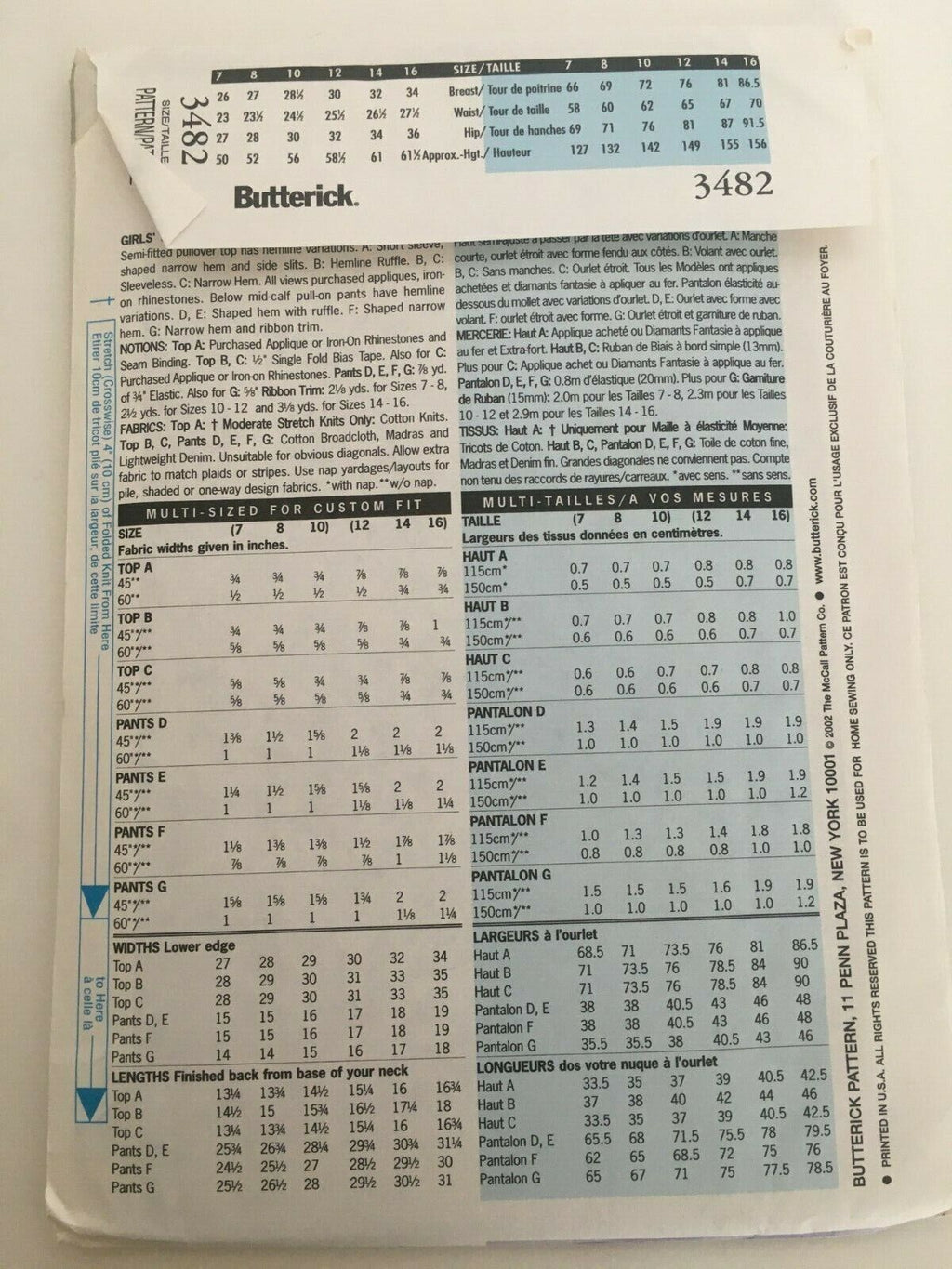 Butterick Sewing Pattern 3482 Girls Summer Shirt Pants Y2K Ruffle Hem 7 8 10 UC