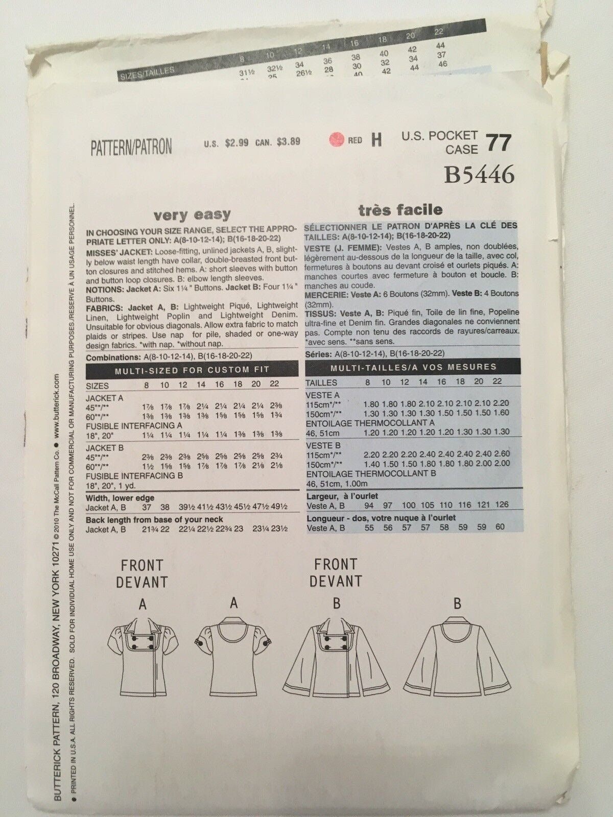 Butterick Sewing Pattern B5446 Jacket Top 2000s Modern Chic Work 8 10 12 14 Easy