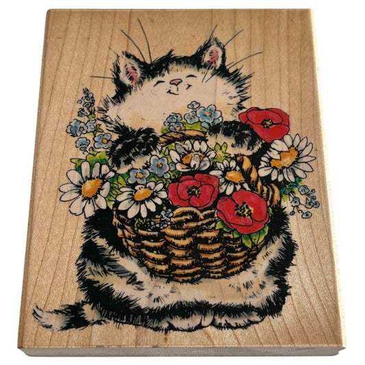 Penny Black Rubber Stamp Cat with Flower Basket Friendship Card Making Smile