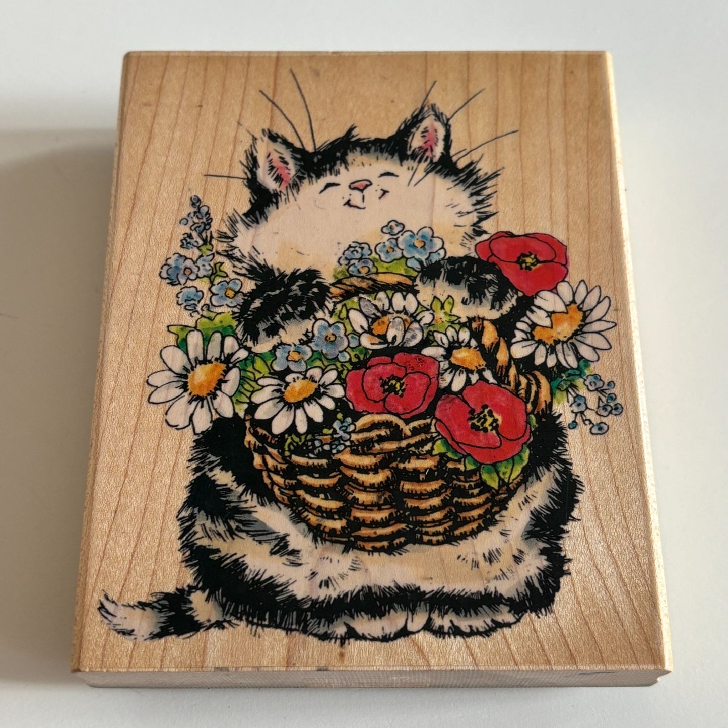 Penny Black Rubber Stamp Cat with Flower Basket Friendship Card Making Smile