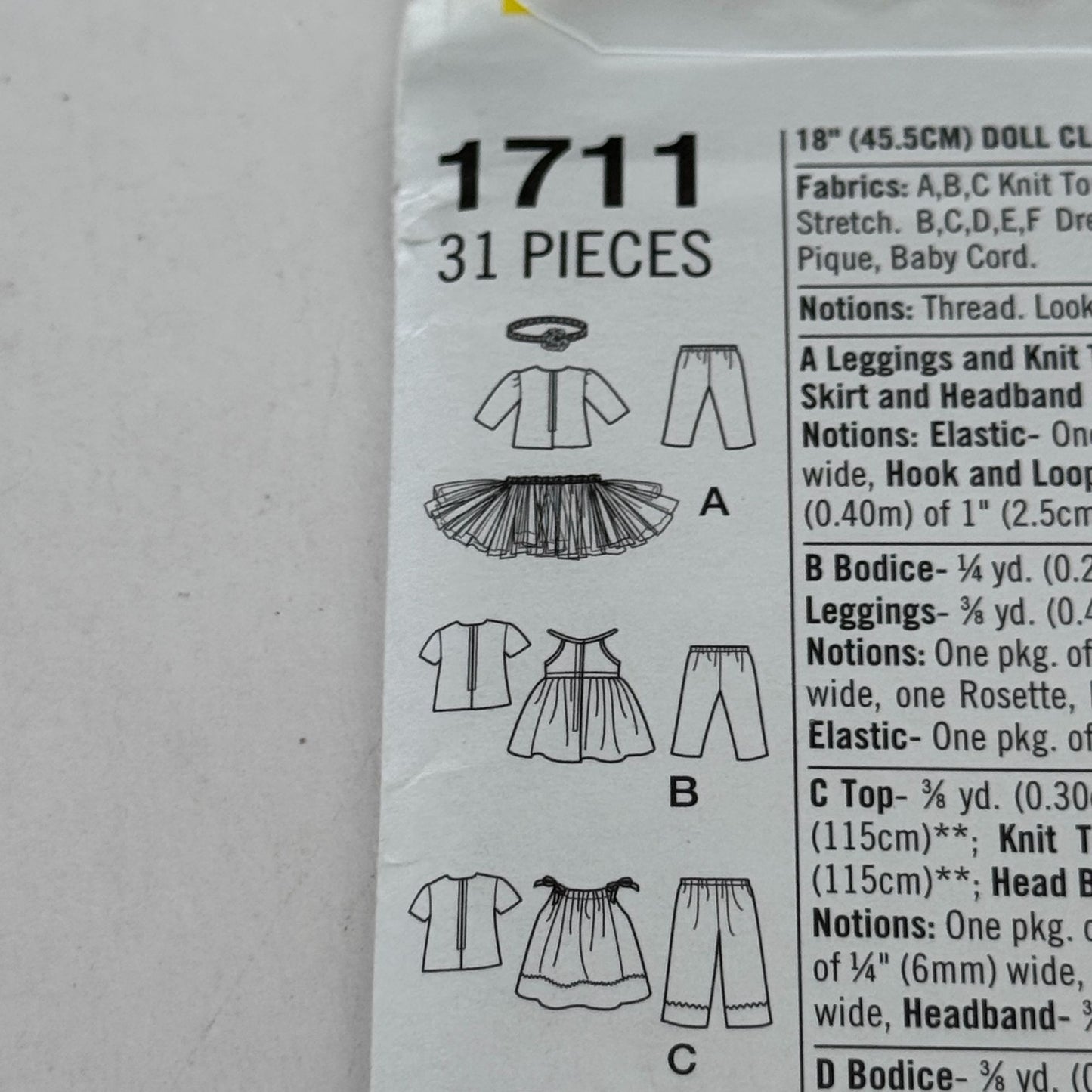 Simplicity Sewing Pattern 1711 Doll Clothes Clothing 18 Inch Dress Leggings UC Headband