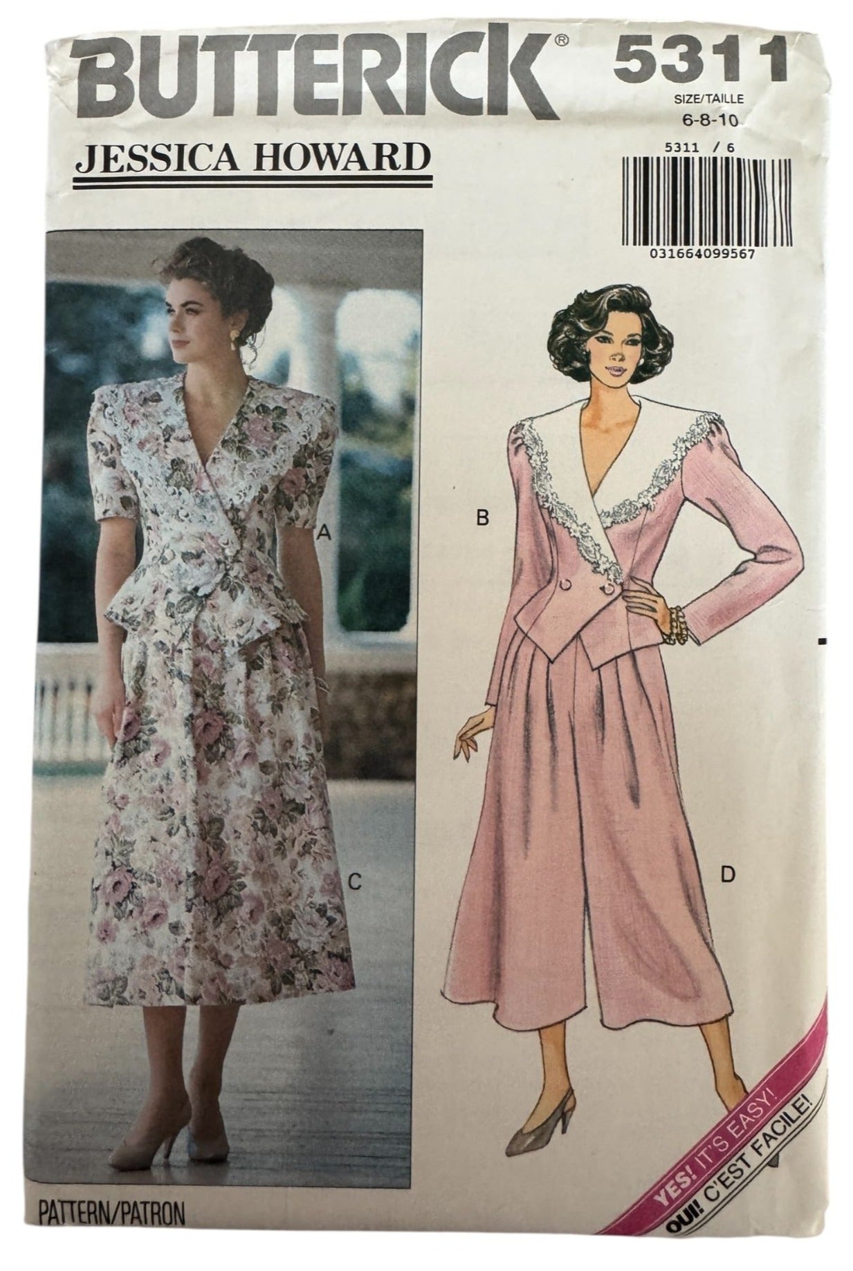 Butterick Sewing Pattern 5311 Top Peplum Skirt Split Skirt Easy 1990s UC 6 8 10