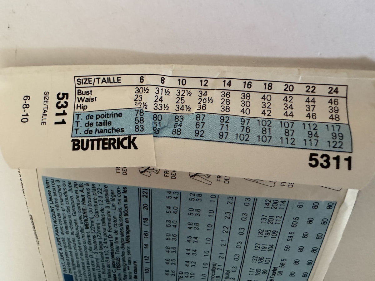 Butterick Sewing Pattern 5311 Top Peplum Skirt Split Skirt Easy 1990s UC 6 8 10