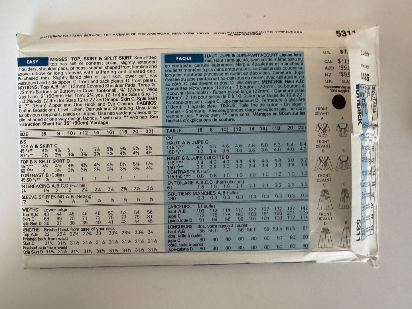 Butterick Sewing Pattern 5311 Top Peplum Skirt Split Skirt Easy 1990s UC 6 8 10
