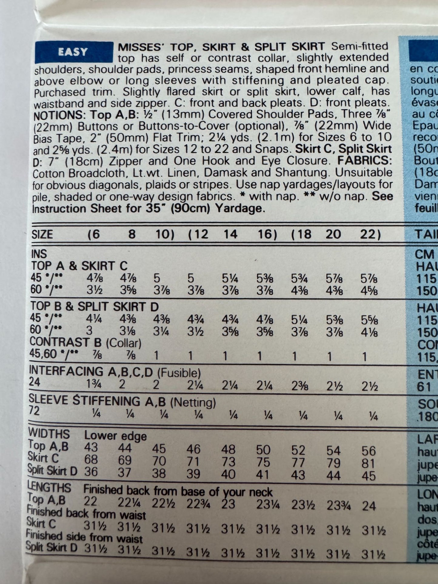 Butterick Sewing Pattern 5311 Top Peplum Skirt Split Skirt Easy 1990s UC 6 8 10