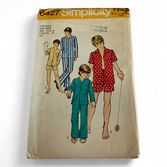 Simplicity Sewing Pattern 6427 Boys Pajamas 70s Retro Sleepwear Set Boys 10 12 Kids Uncut