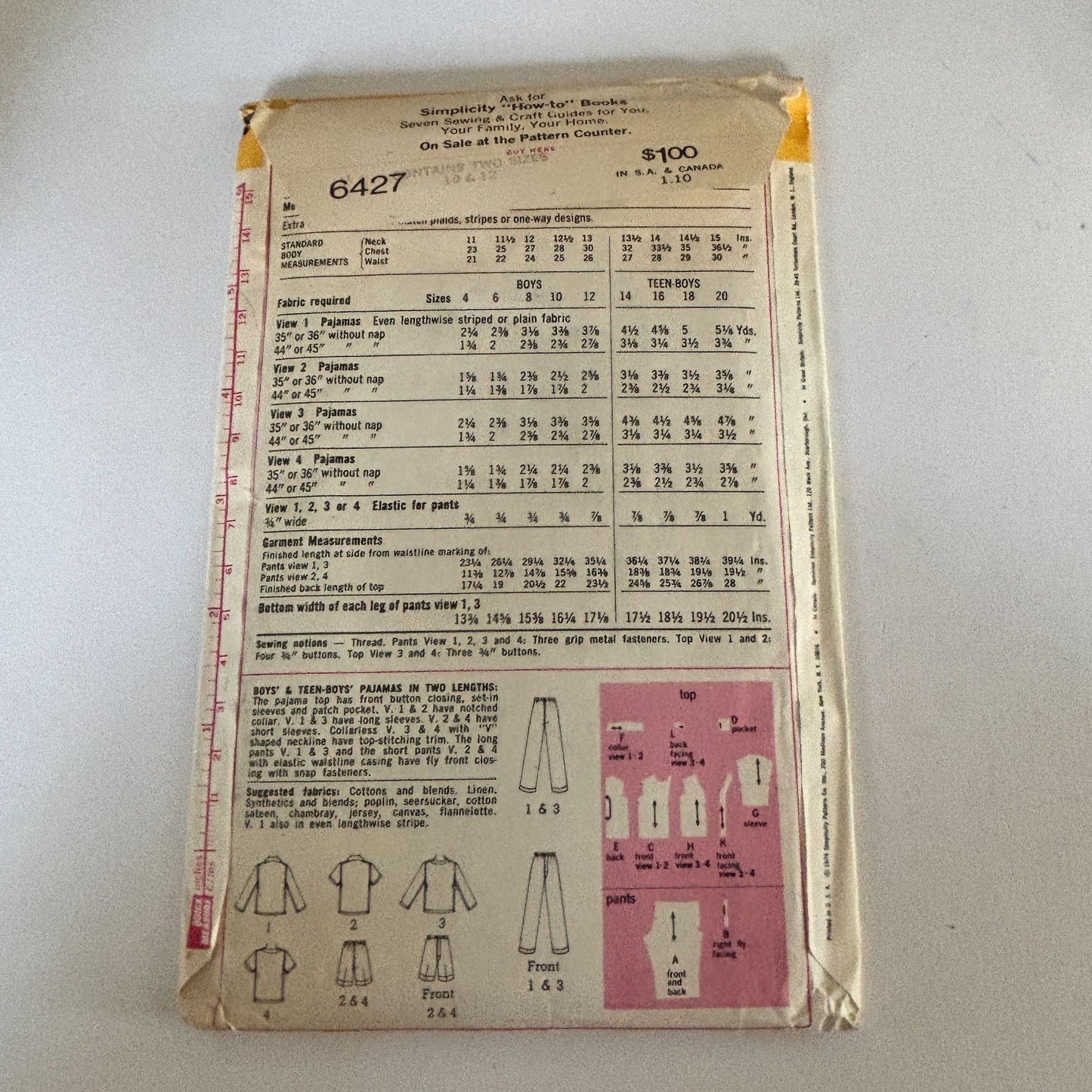 Simplicity Sewing Pattern 6427 Boys Pajamas 70s Retro Sleepwear Set Boys 10 12 Kids Uncut