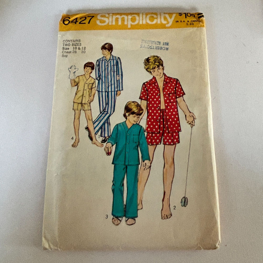Simplicity Sewing Pattern 6427 Boys Pajamas 70s Retro Sleepwear Set Boys 10 12 Kids Uncut