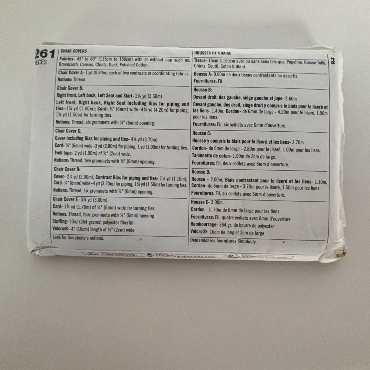 Simplicity Sewing Pattern 8261 Dining Room Armless Chair Cover Slipcover Parson