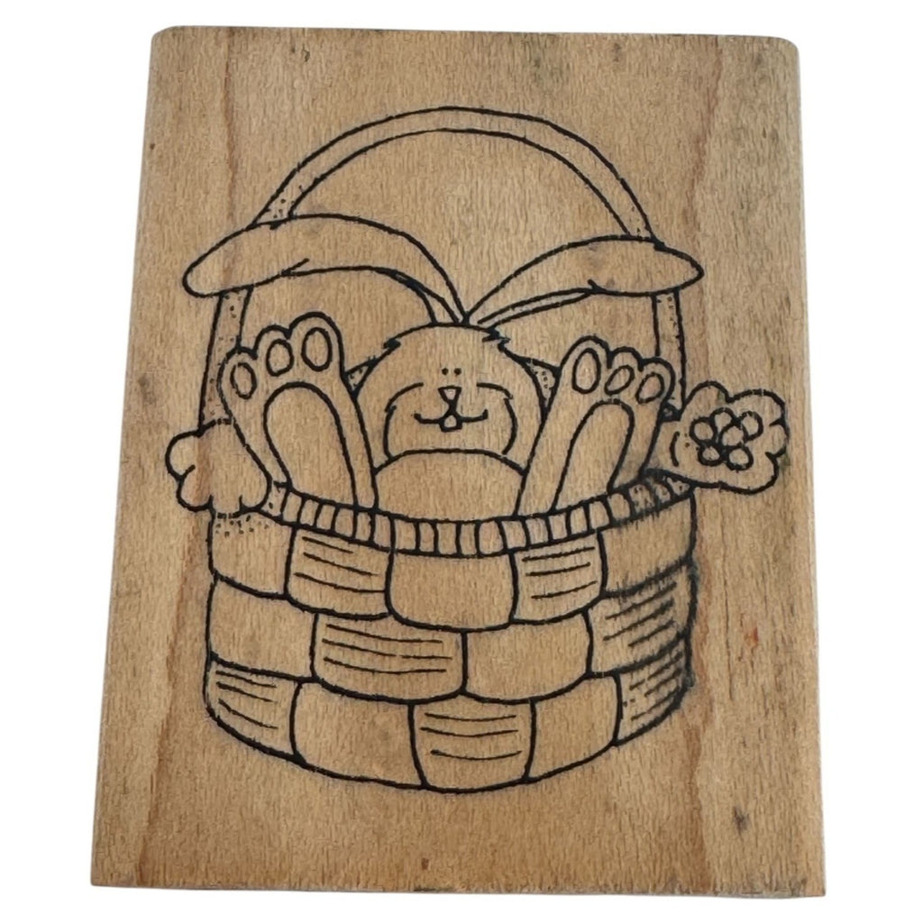 Inky Antics Wood Mounted Rubber Stamp Easter Bunny In Basket Spring Card Making