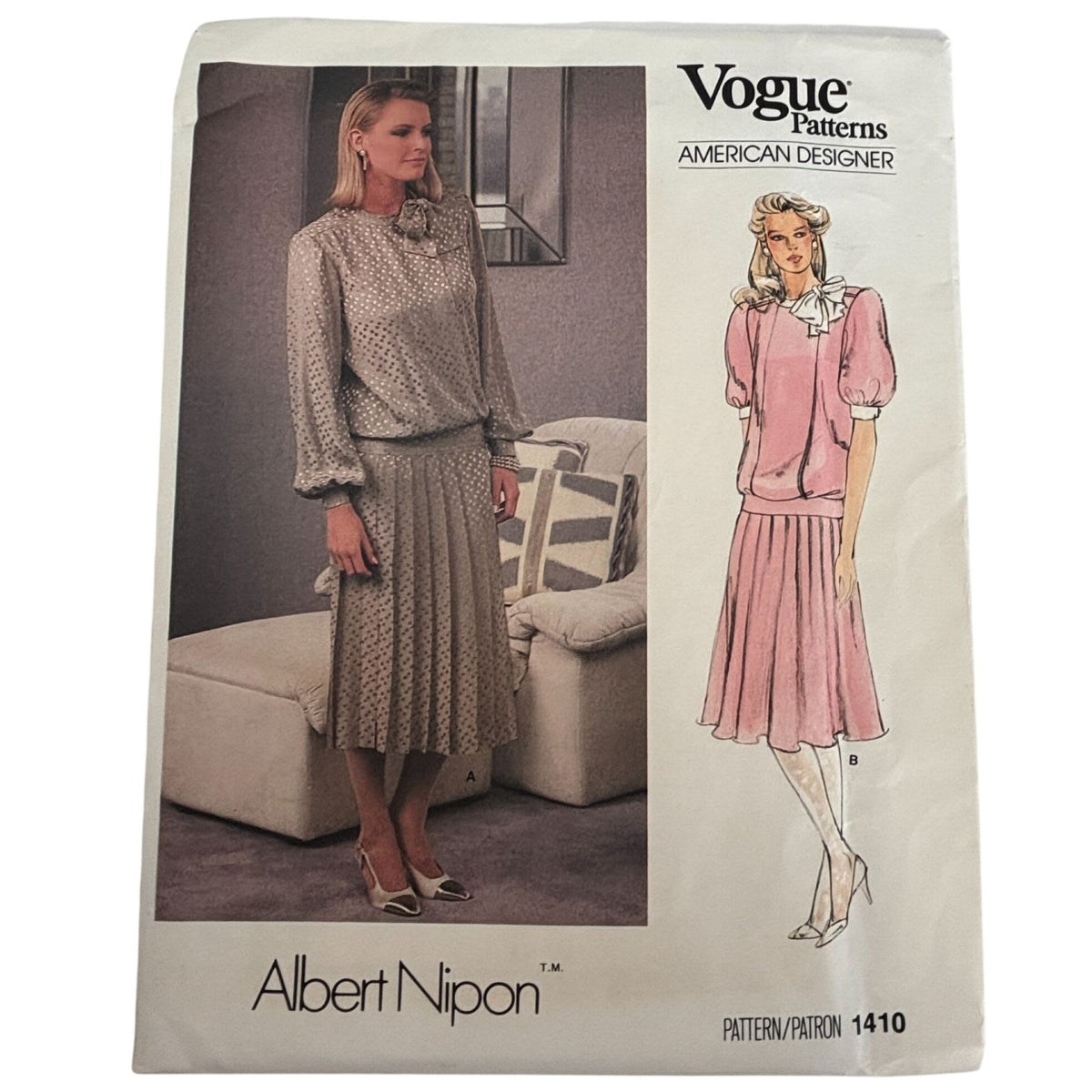 Vogue Sewing Pattern 1410 Albert Nipon Dress 1980s American Designer 12 Uncut