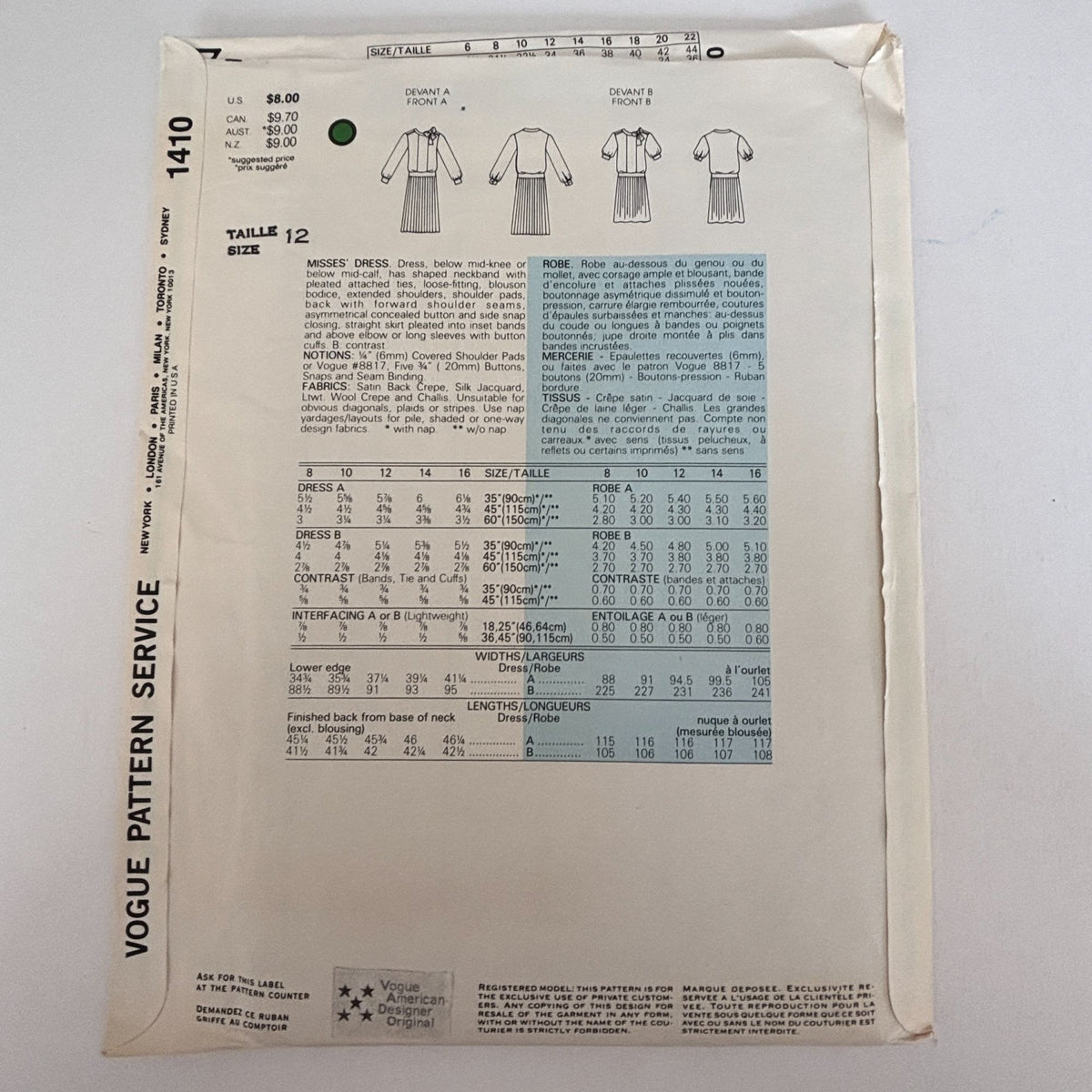 Vogue Sewing Pattern 1410 Albert Nipon Dress 1980s American Designer 12 Uncut