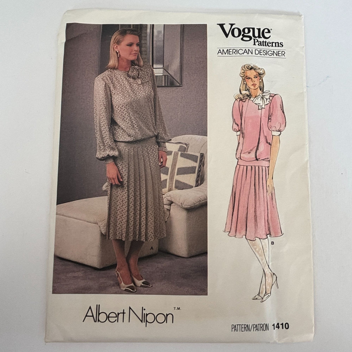 Vogue Sewing Pattern 1410 Albert Nipon Dress 1980s American Designer 12 Uncut