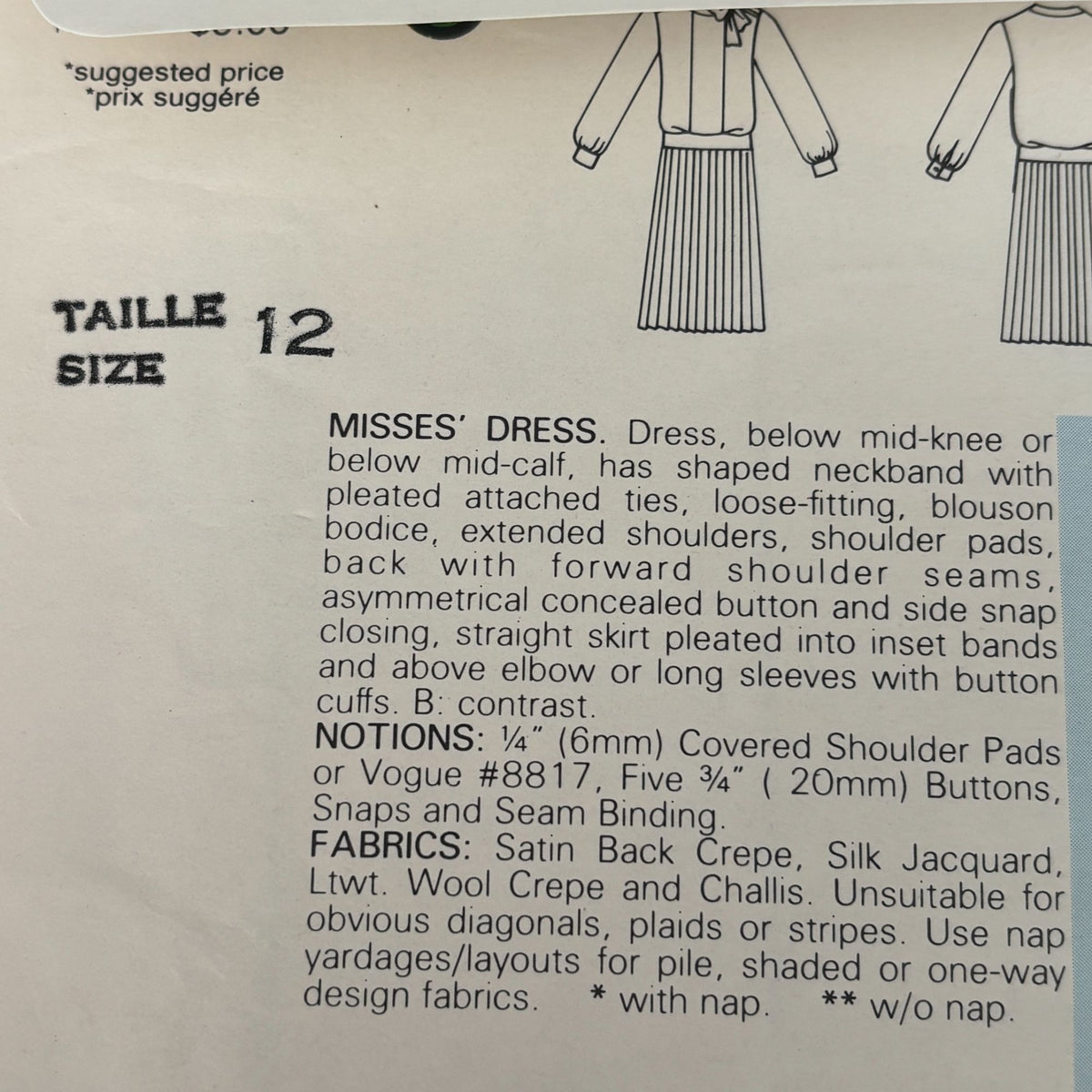 Vogue Sewing Pattern 1410 Albert Nipon Dress 1980s American Designer 12 Uncut