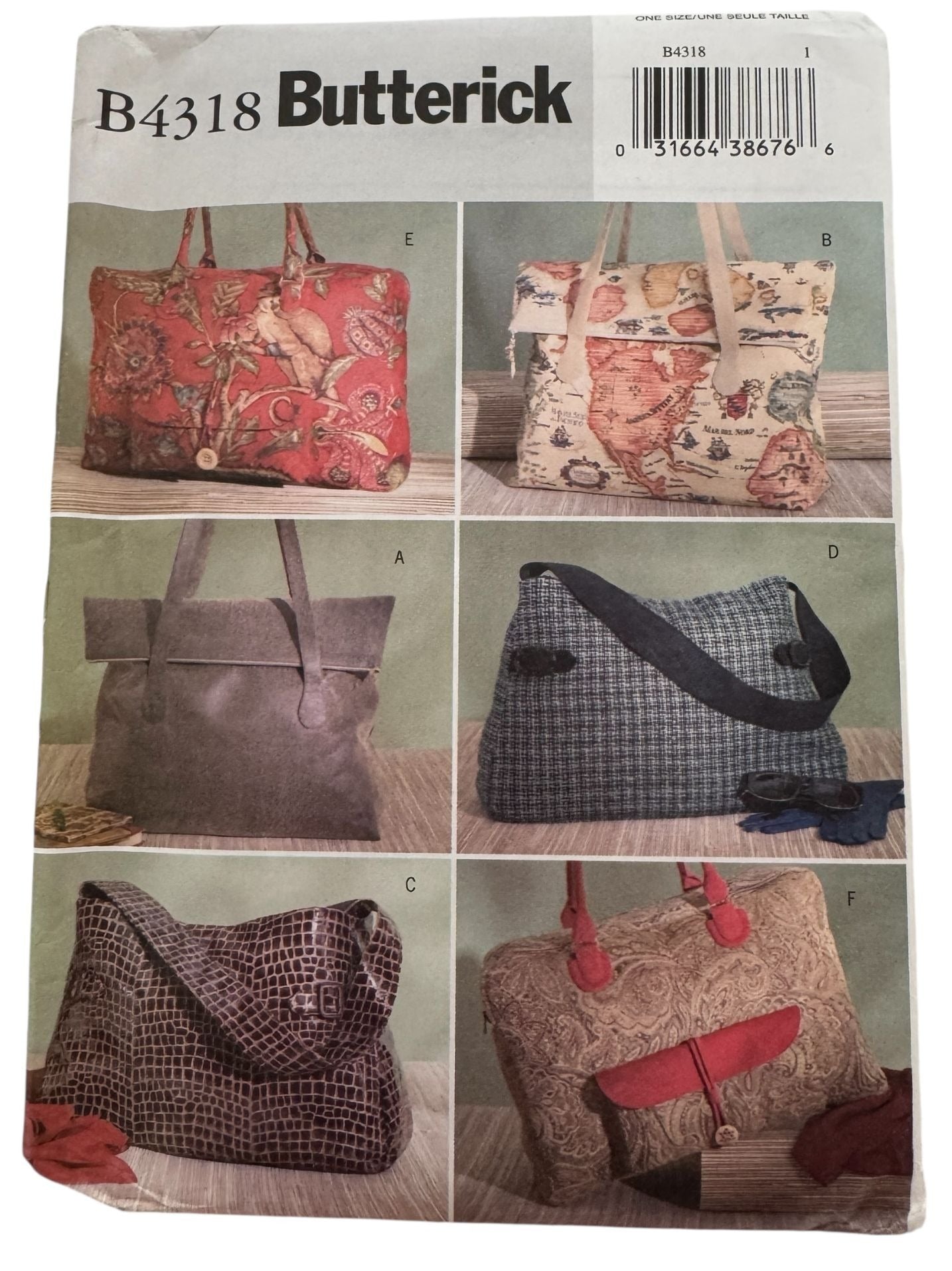 Butterick Sewing Pattern B4318 Large Tote Bag Pocket Travel Accessory Uncut