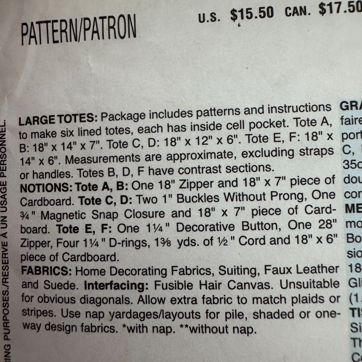 Butterick Sewing Pattern B4318 Large Tote Bag Pocket Travel Accessory Uncut