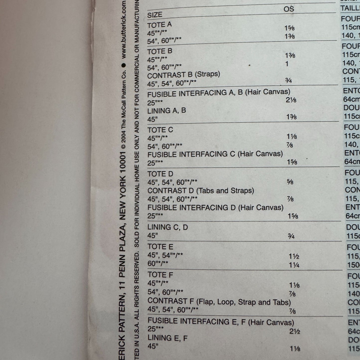 Butterick Sewing Pattern B4318 Large Tote Bag Pocket Travel Accessory Uncut