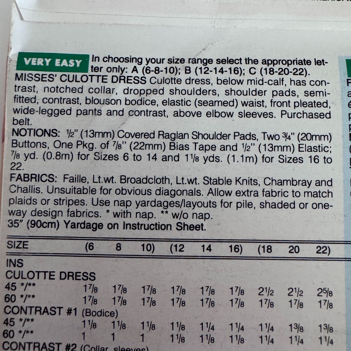 Butterick Sewing Pattern 6880 Culotte Dress Wide-Legged Pants 90s 18 20 22 Uncut Vintage