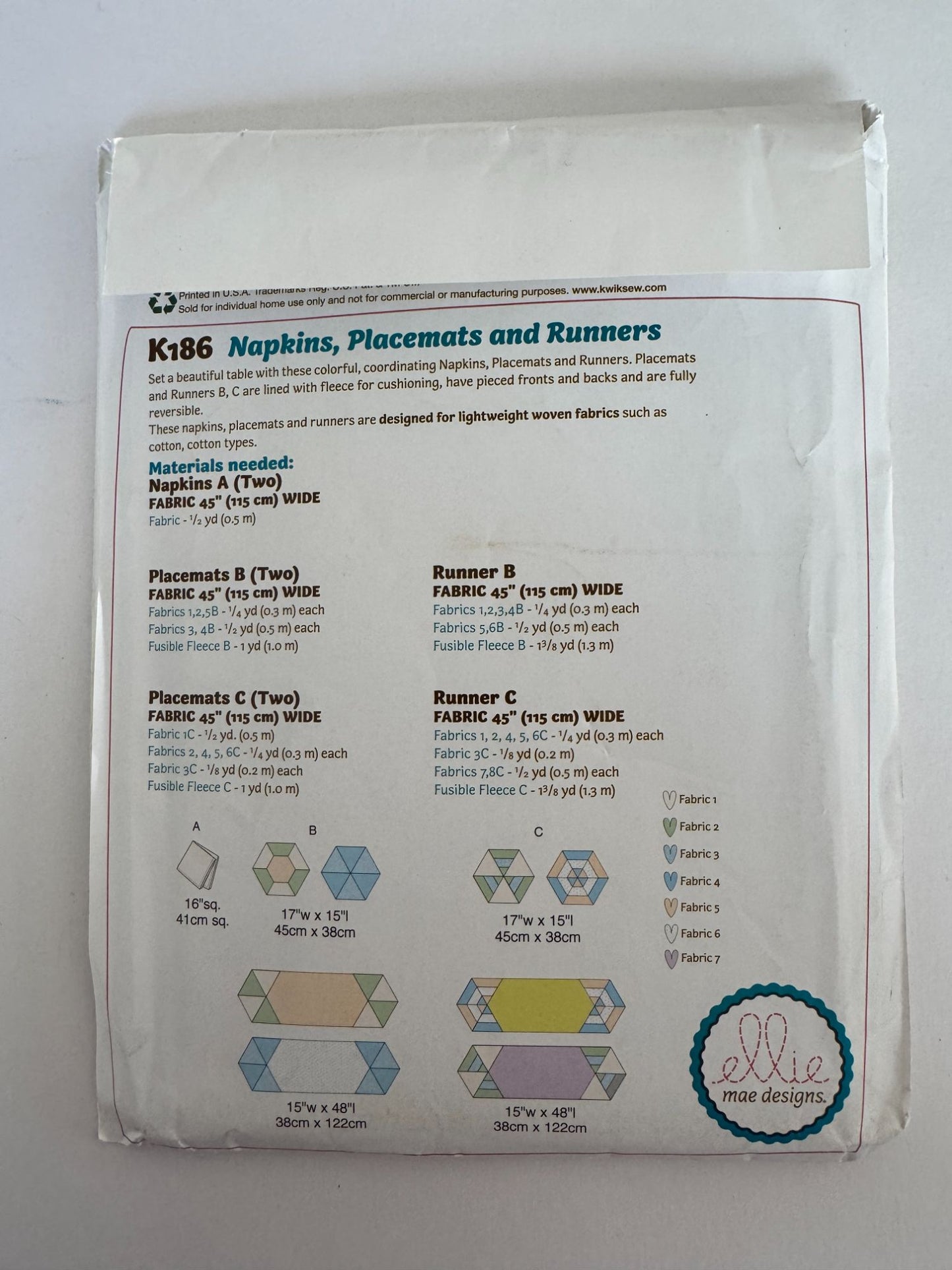 Kwik Sew Sewing Pattern Ellie Mae K186 Table Setting Home Decor Runner Napkins