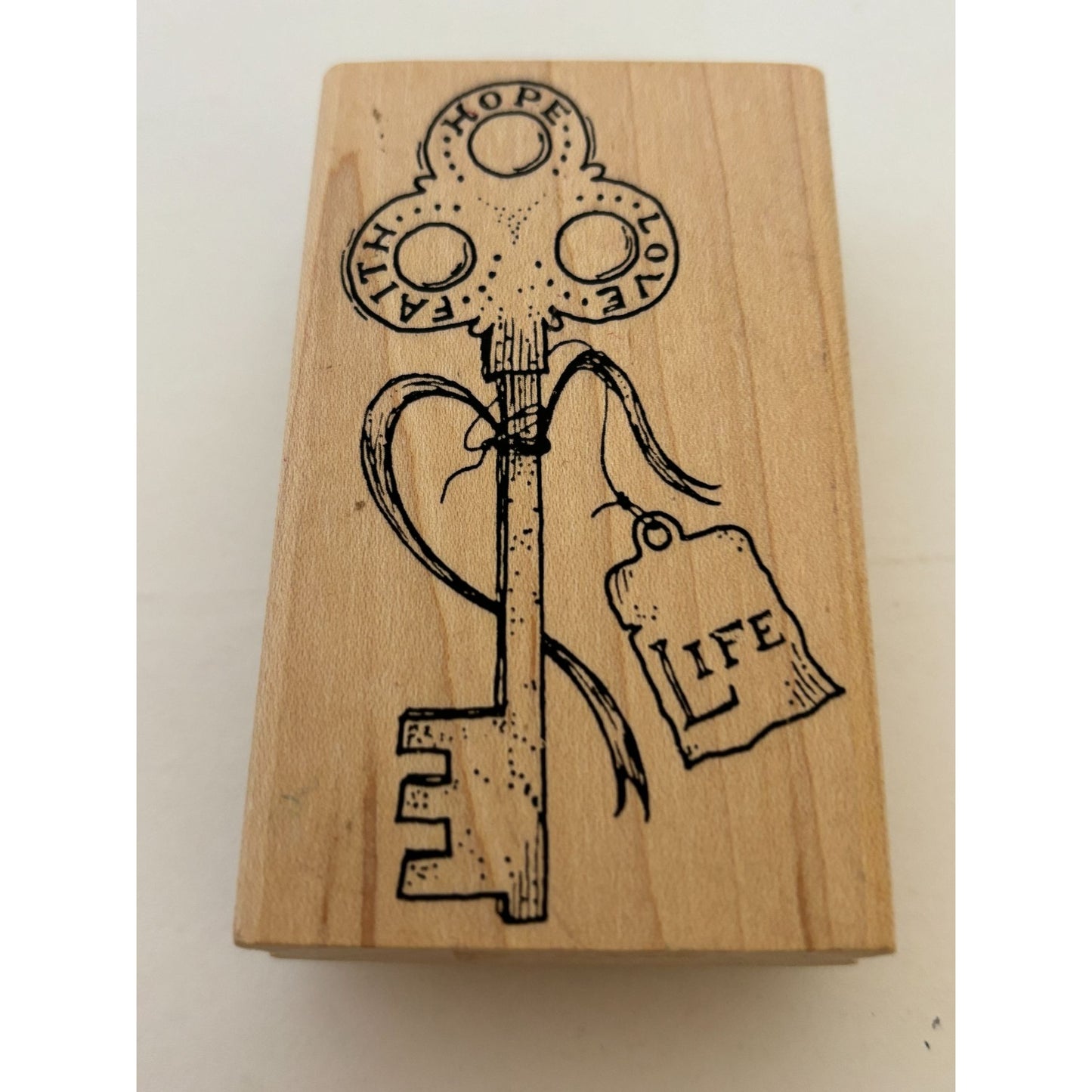 Stampers Anonymous Rubber Stamp Christian Faith Hope Love Key of Life Wood Mount