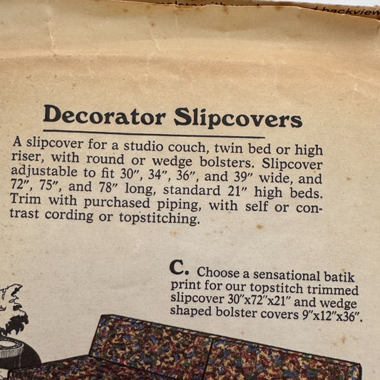Butterick Sewing Pattern 3182 Decorator Slipcovers Studio Couch Twin Bed Vintage