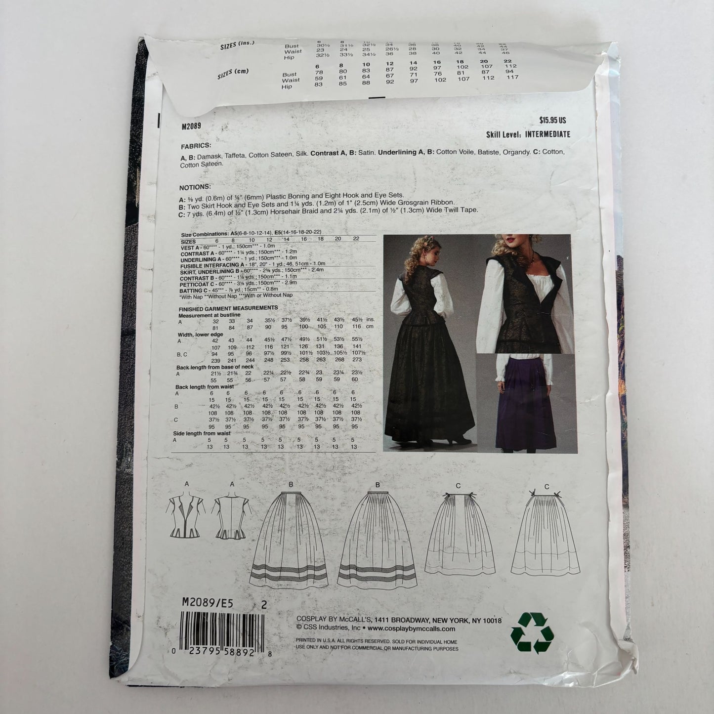 McCalls Cosplay Sewing Pattern M2089 Abigail Medieval Dress Renaissance Gown Costume 14-22 Uncut