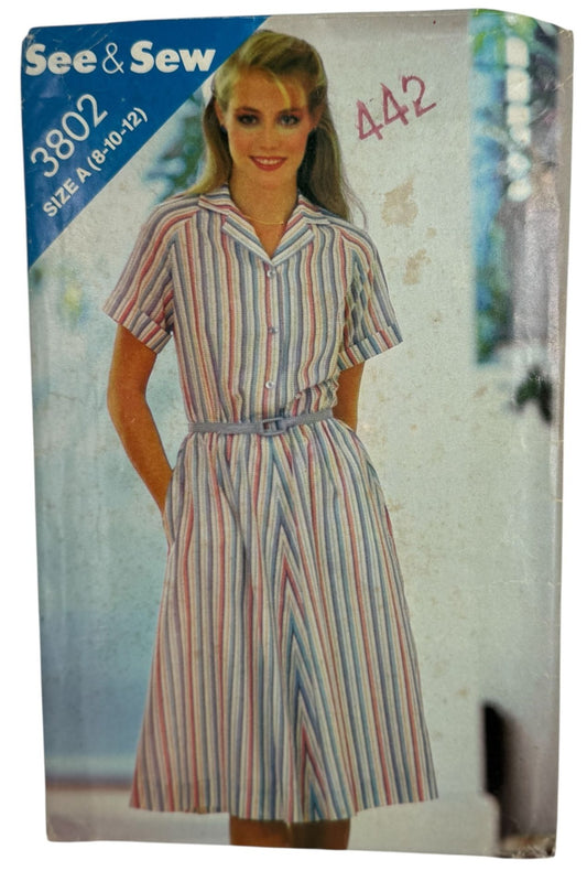 Butterick Sewing Pattern 3802 Dress Vintage Short Sleeves Button Front 8-12 UC