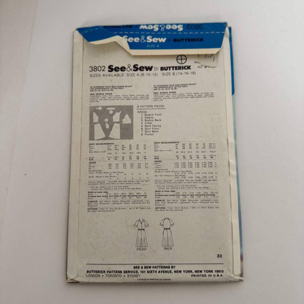 Butterick Sewing Pattern 3802 Dress Vintage Short Sleeves Button Front 8-12 UC