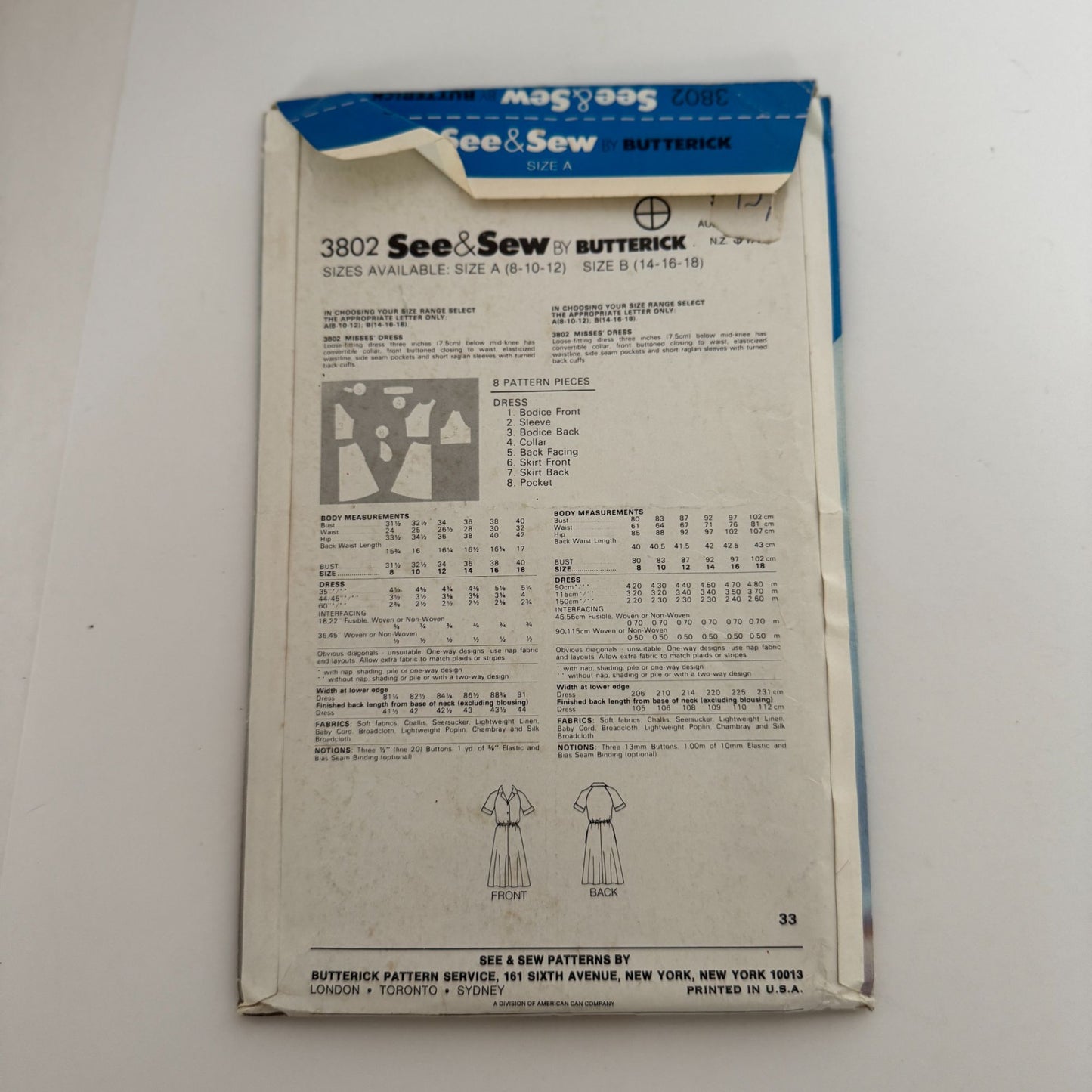 Butterick Sewing Pattern 3802 Dress Vintage Short Sleeves Button Front 8-12 UC