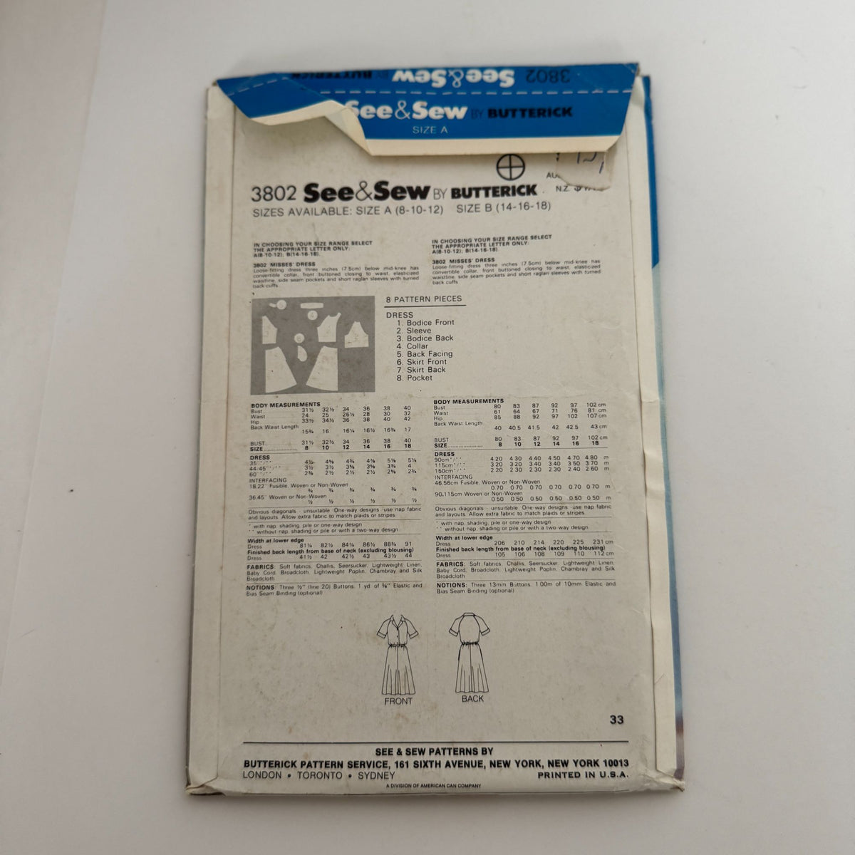 Butterick Sewing Pattern 3802 Dress Vintage Short Sleeves Button Front 8-12 UC