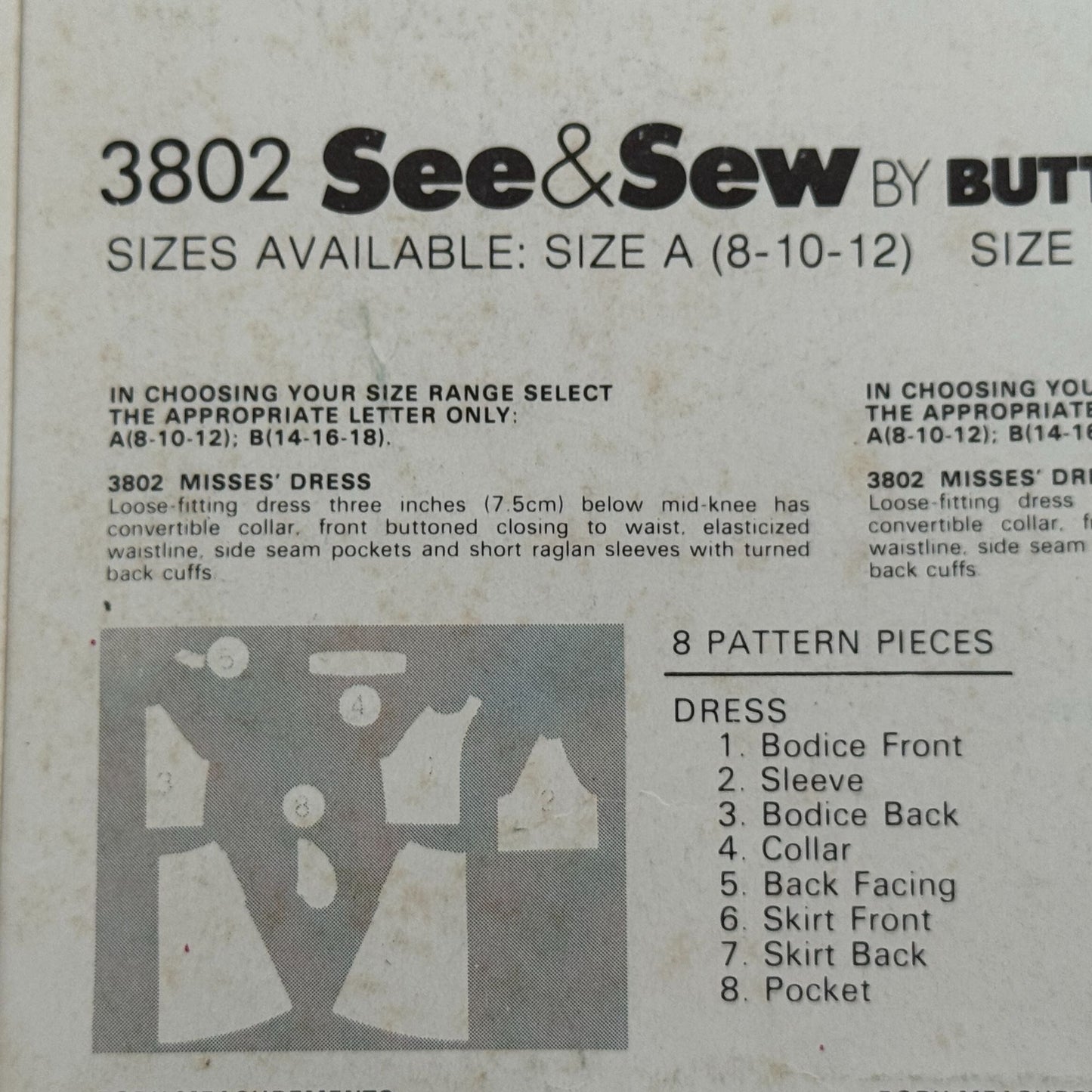 Butterick Sewing Pattern 3802 Dress Vintage Short Sleeves Button Front 8-12 UC