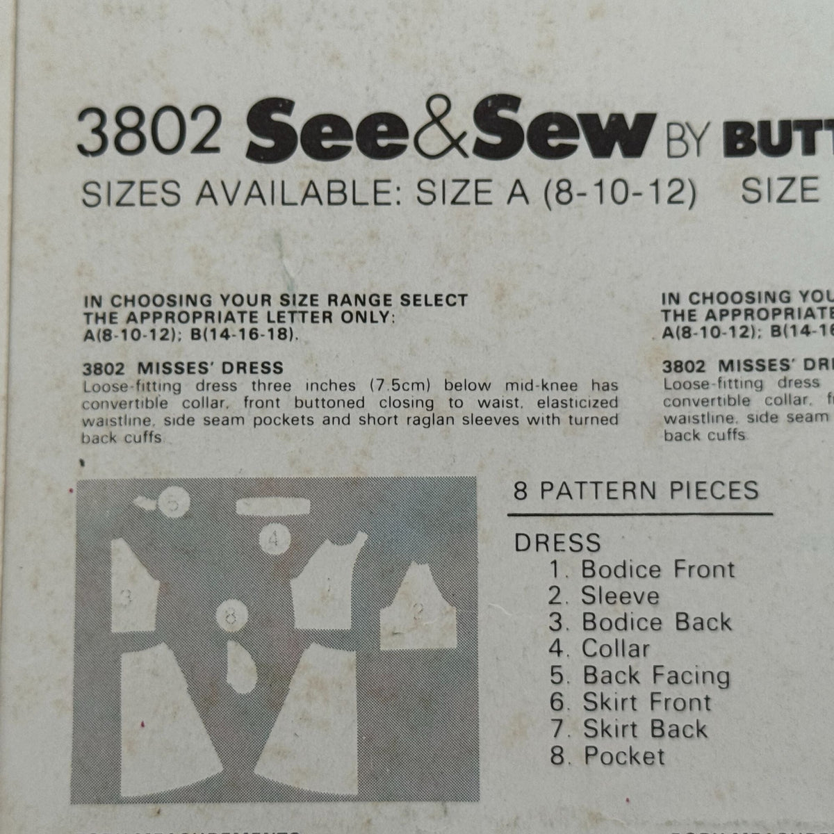 Butterick Sewing Pattern 3802 Dress Vintage Short Sleeves Button Front 8-12 UC
