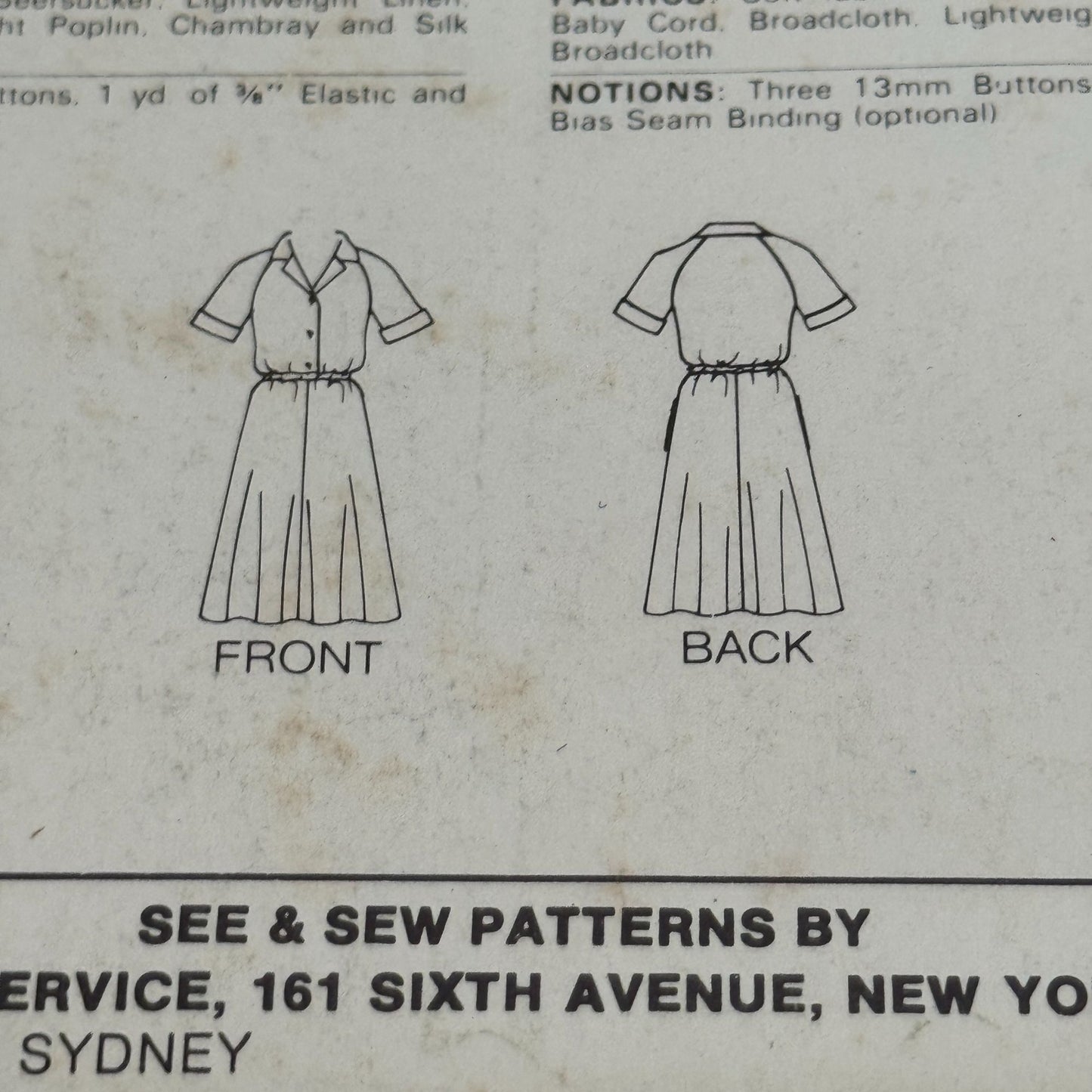 Butterick Sewing Pattern 3802 Dress Vintage Short Sleeves Button Front 8-12 UC
