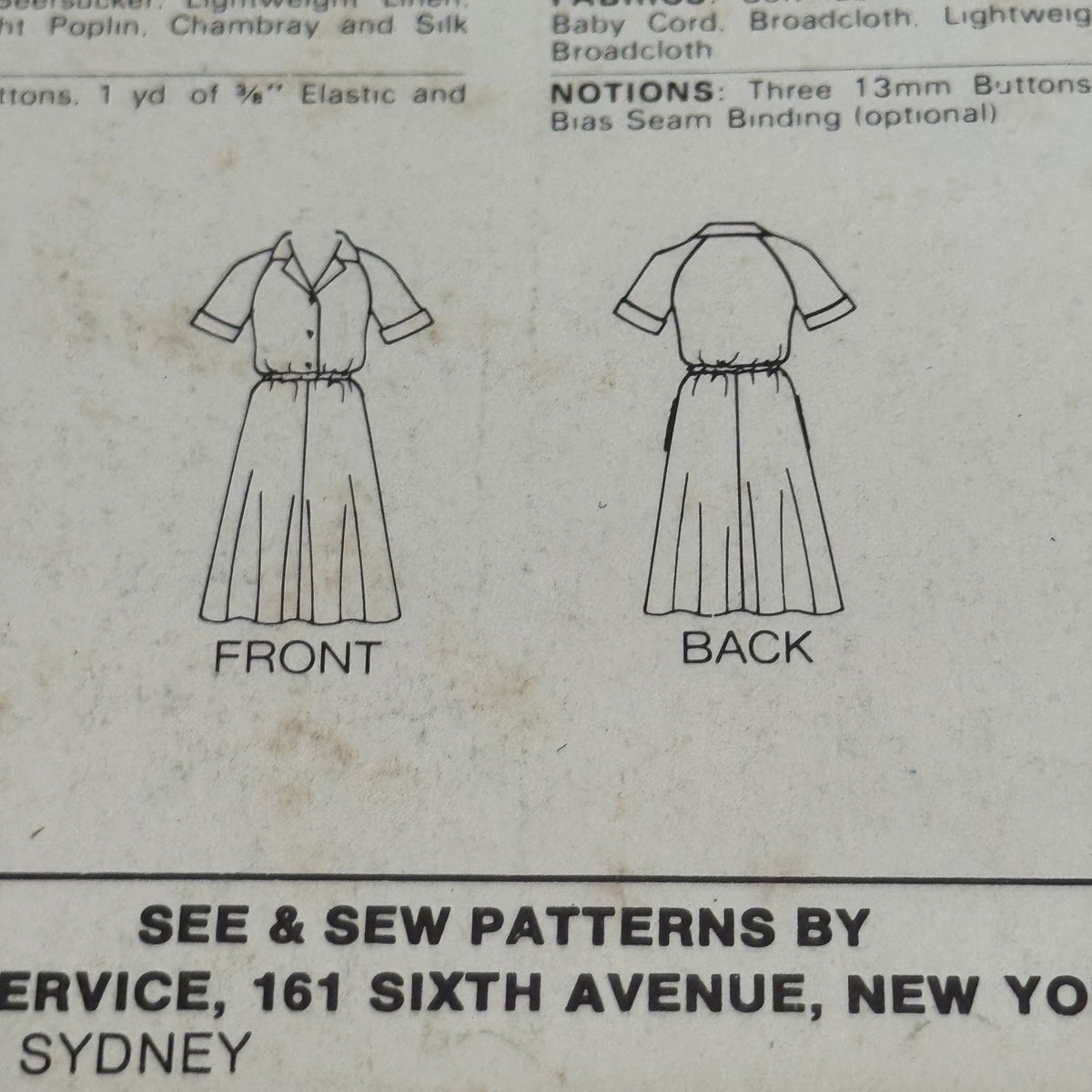 Butterick Sewing Pattern 3802 Dress Vintage Short Sleeves Button Front 8-12 UC