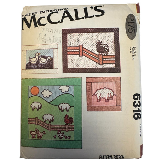 McCalls Sewing Pattern 6316 Quilt Wallhangings Pillow Farm Animal Ducks Rooster Sheep Uncut