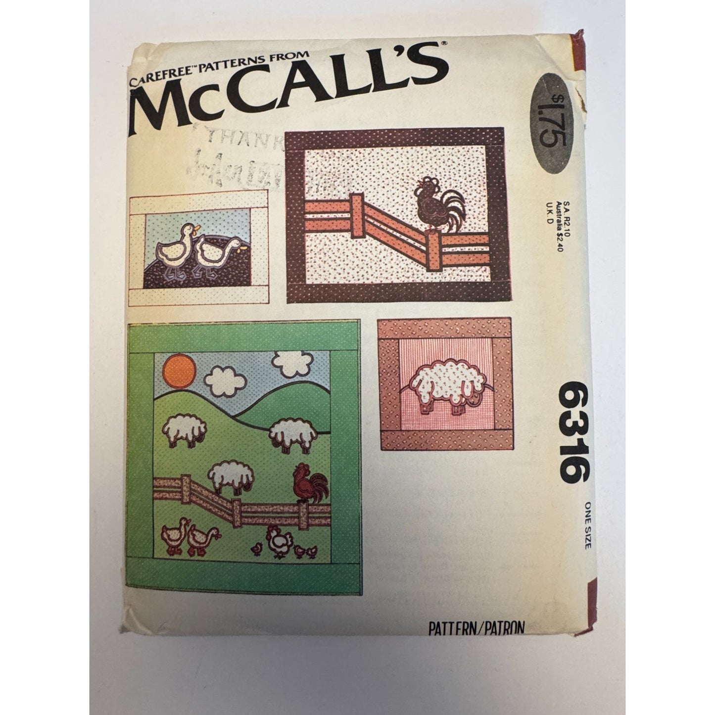 McCalls Sewing Pattern 6316 Quilt Wallhangings Pillow Farm Animal Ducks Rooster Sheep Uncut