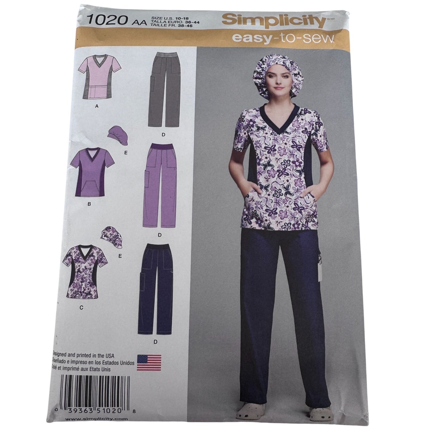 Simplicity Sewing Pattern 1020 Medical Scrubs Nurse Scrub Top Pants Easy 10-18 Uncut Hat